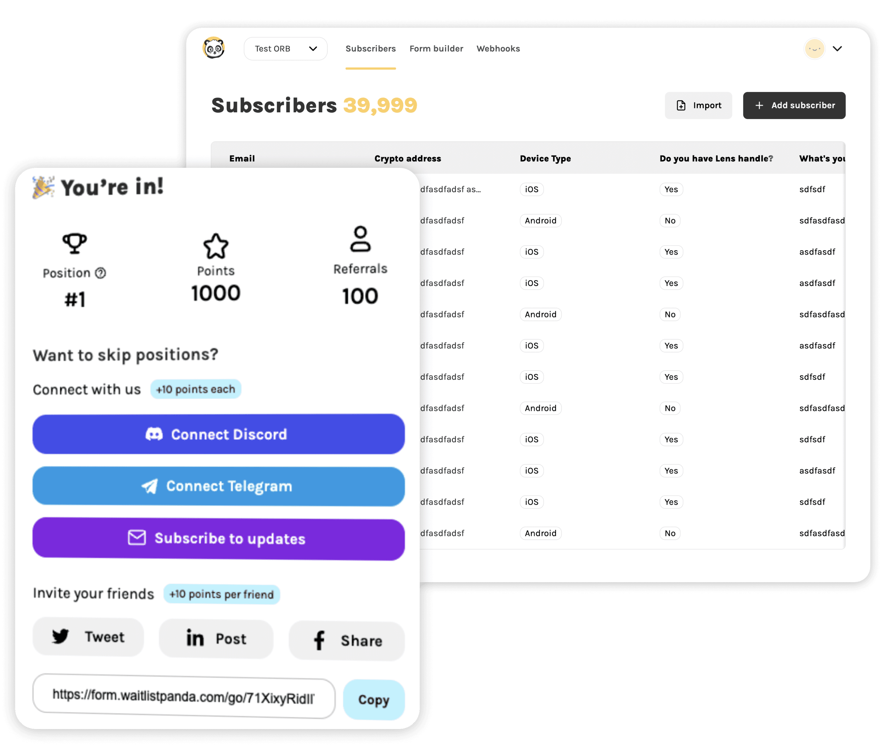 Create waitlists, referrals and competitions. Collect leads and build your audience organically.